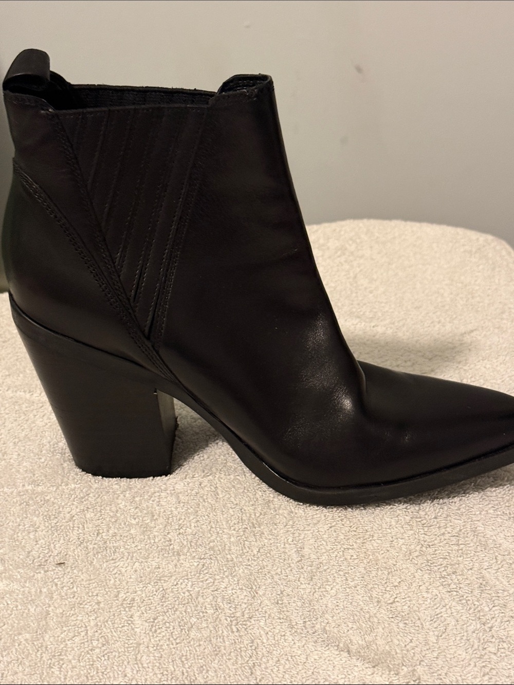 Marc Fisher Black Leather Pointed Ankle Boot with Block Heel